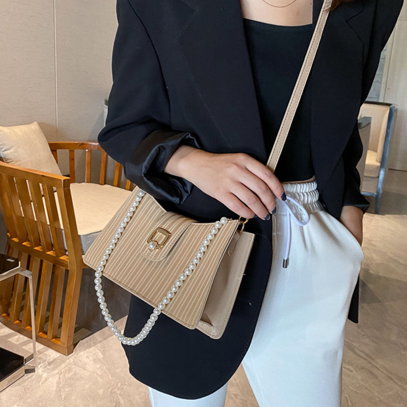 IELGY Women's bag casual square fashion crossbody one shoulder black PU versatile pearl