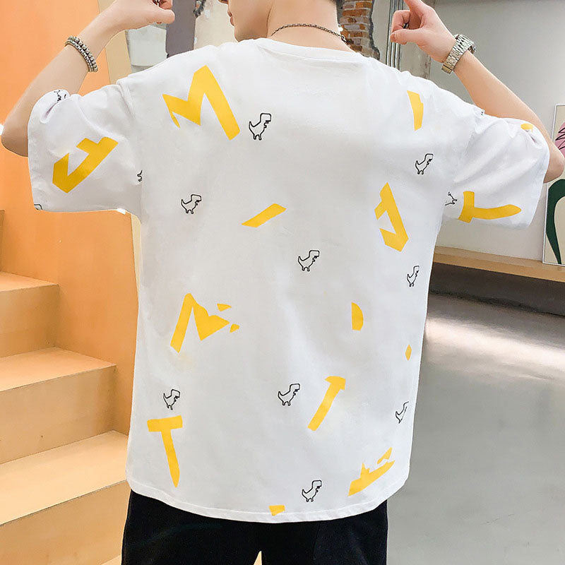 IELGY cotton black round neck half sleeves Short-sleeved T-shirt bottoming shirt comfortable breathable loose cartoon print man not easy to start