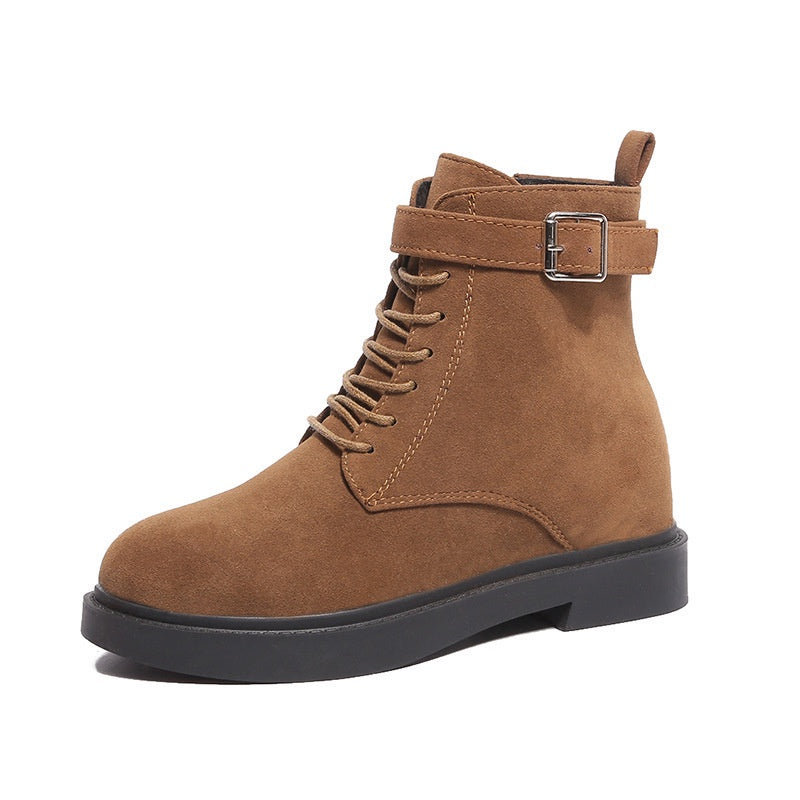 IELGY Fashion Belt Buckle Women's Boots Lace-up Flat Women Suede Korean Style