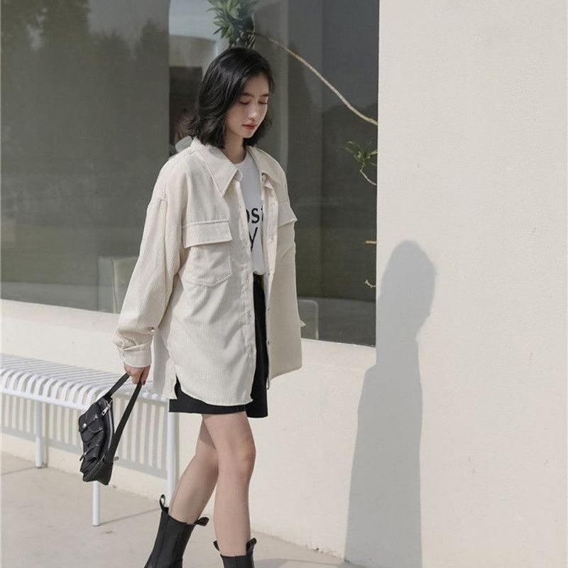 IELGY Corduroy Jacket Women's Trendy All-match Long Sleeve Fashion POLO Collar Top