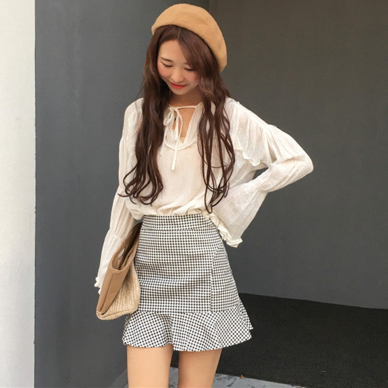 IELGY Women's fresh plaid bag hip A short skirt