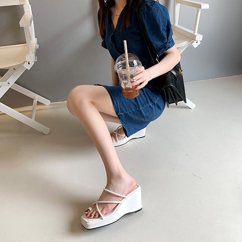 IELGY Simple Wedge Slippers Women's Summer Roman Style Slim Cross Platform