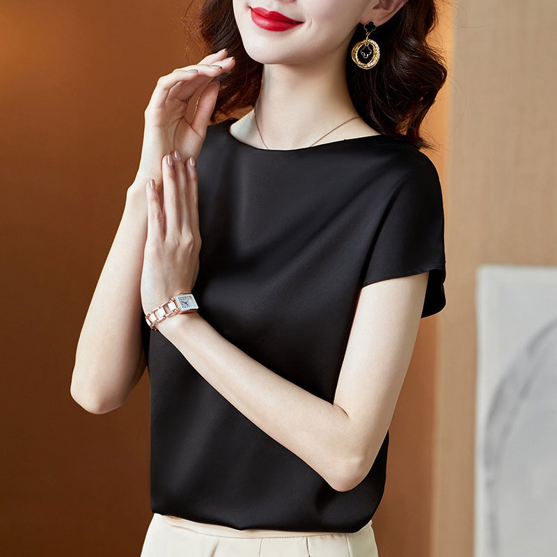 IELGY round neck short-sleeved t-shirt solid color mulberry silk top bottoming shirt