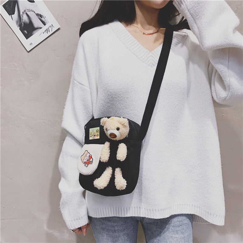IELGY fashion bear cartoon style canvas messenger bag yellow Harajuku Korea cute Japanese