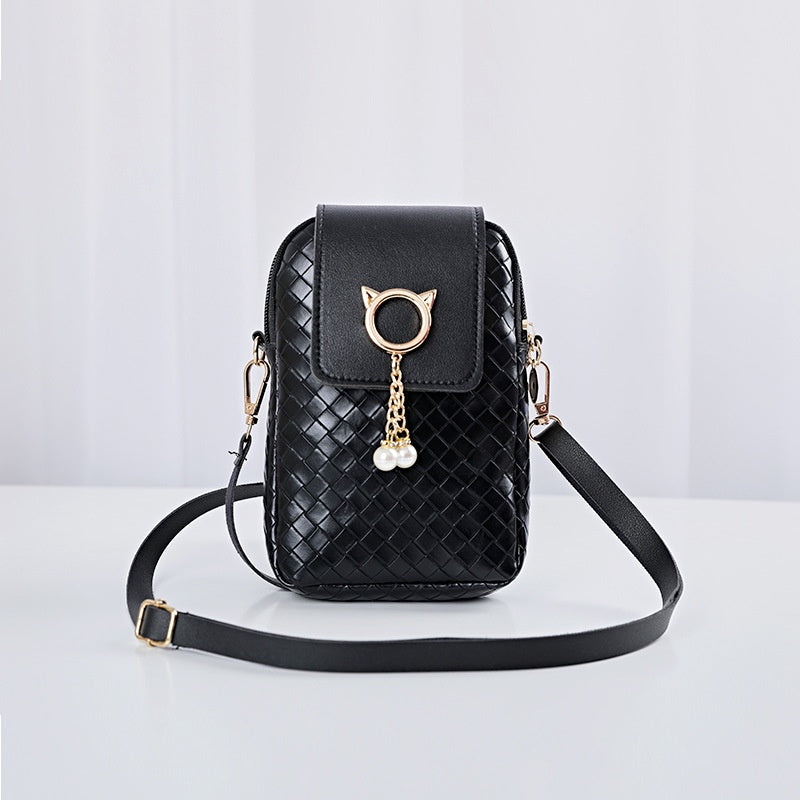 IELGY Cover type Tassel Mobile phone Woven Pearl Korean version Woman's bag Black One shoulder Diagonal