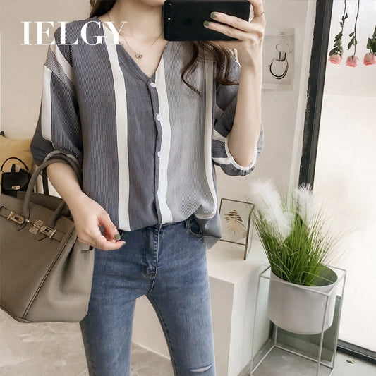 IELGY Women's loose color matching striped shirt