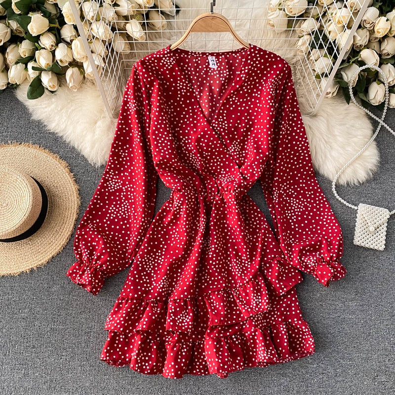IELGY Irregular Vacation Slim Short Woman's dress Ruffle Casual Fashion Sweet Polka dot