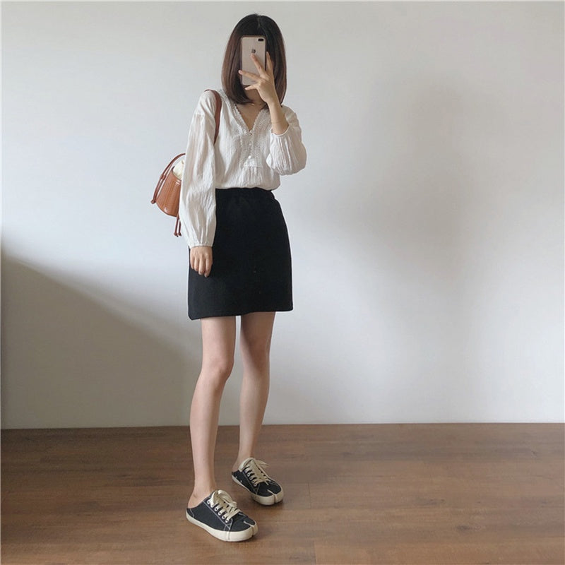 IELGY Ladies Long Sleeve V-neck Stitching Chiffon White Shirt Loose and Thin