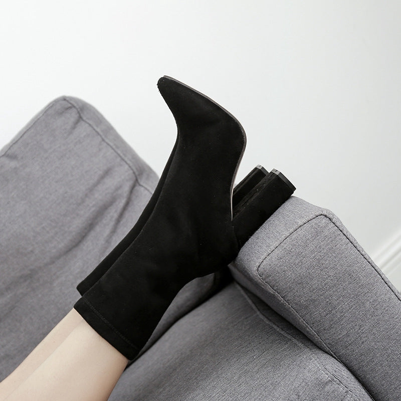IELGY Black high heel women boots block booties pointy club sexy thick heels large size