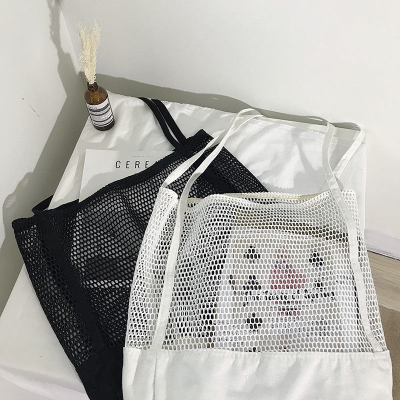 Grid handbag shopping bag hollow beach bag canvas net bag