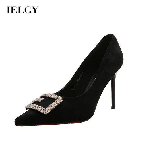 IELGY Fashion High Heels Female Niche Rhinestone Square Buckle Pointed Toe