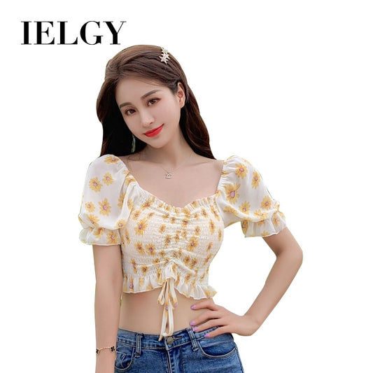 IELGY Chi Ruffle versatile Pleated Chiffon shirt 2020 new bubble sleeve drawstring lace up top