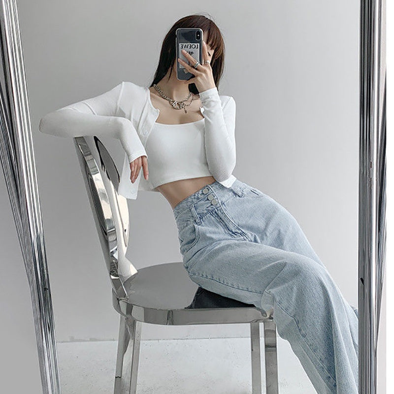 IELGY retro high-waist three-breasted straight jeans loose drape is thin and versatile