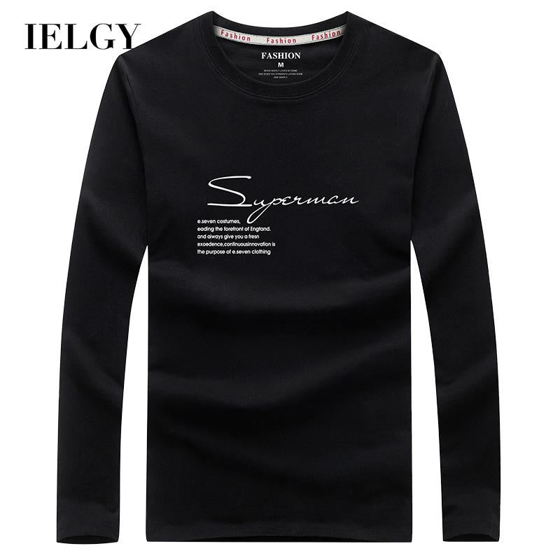 IELGY Men's clothes large size fashion casual Korean version t-shirt black long sleeve all-match round neck