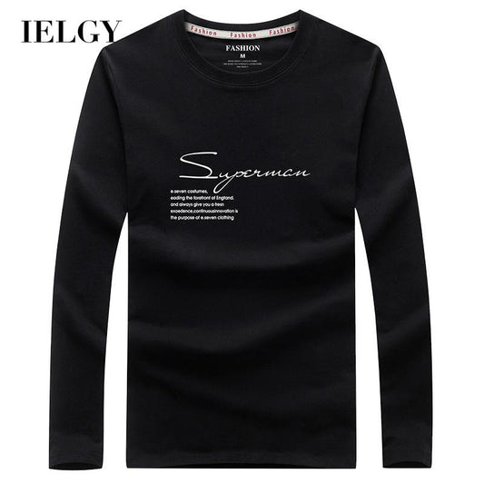 IELGY Men's clothes large size fashion casual Korean version t-shirt black long sleeve all-match round neck
