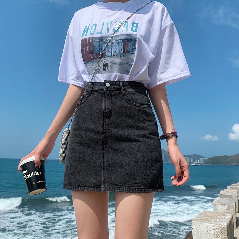 IELGY small denim slim short skirt A-line high waist bag hip slim fashion skirt