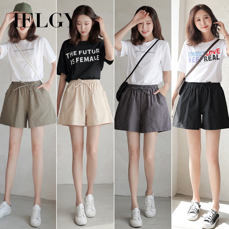 IELGY Loose linen cotton linen large size student sports casual shorts female wide leg pants