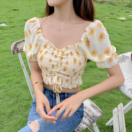 IELGY Chi Ruffle versatile Pleated Chiffon shirt 2020 new bubble sleeve drawstring lace up top