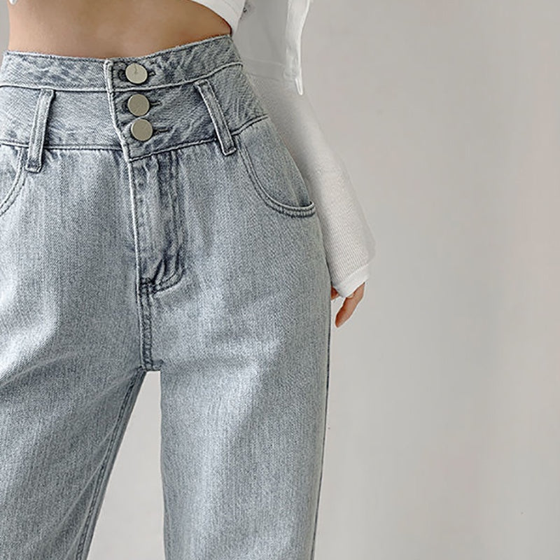 IELGY retro high-waist three-breasted straight jeans loose drape is thin and versatile