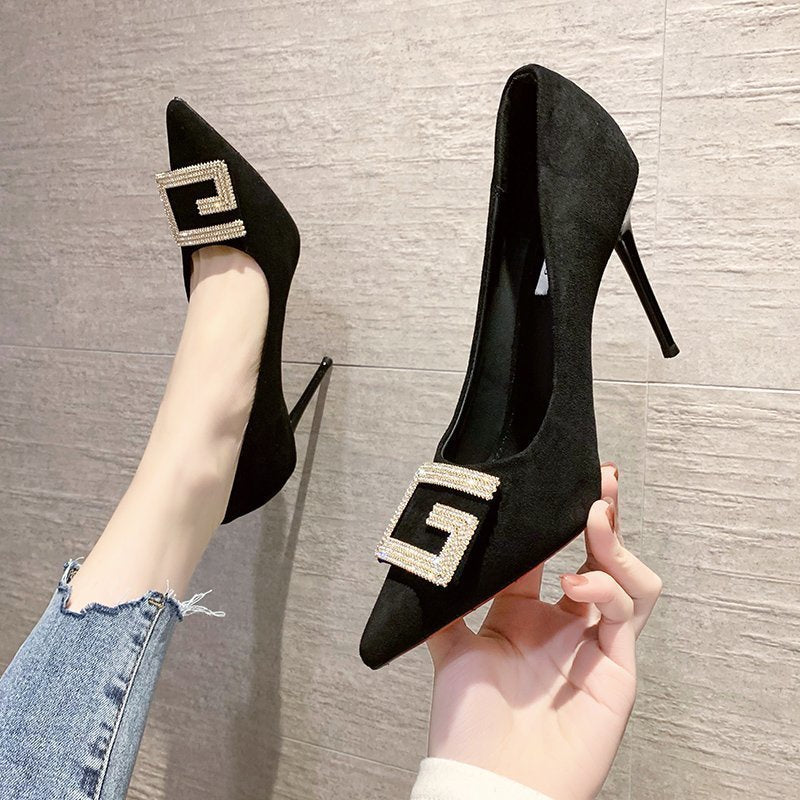 IELGY Fashion High Heels Female Niche Rhinestone Square Buckle Pointed Toe