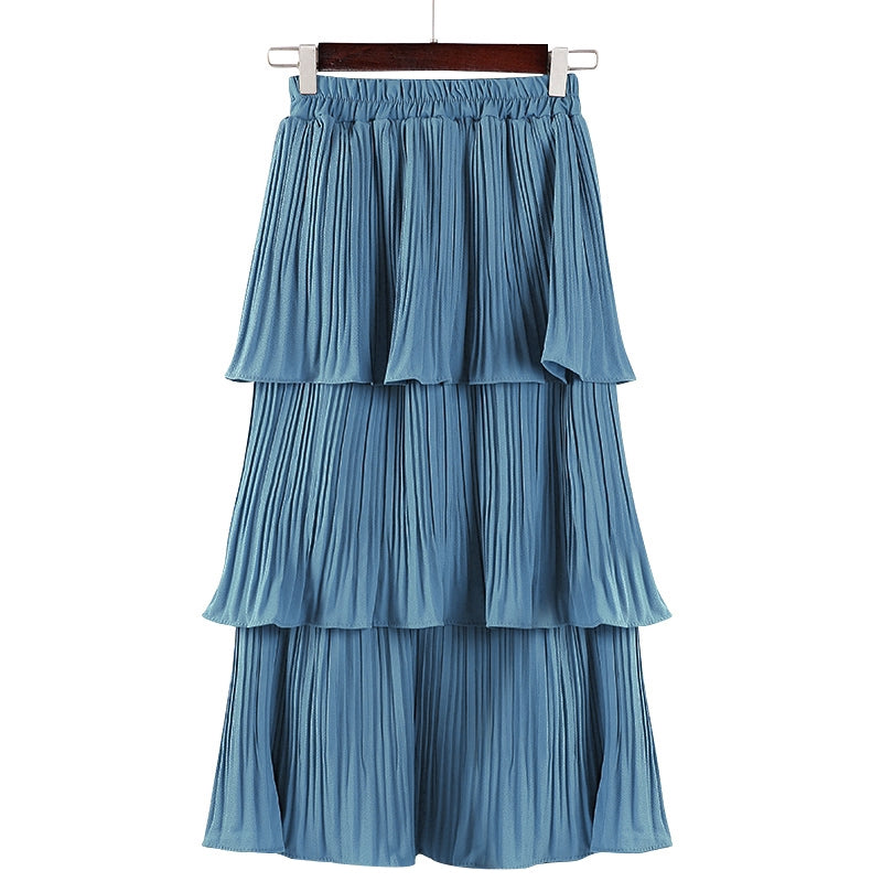 IELGY Korean version of chiffon white student thick pleated midi skirt cupcake dress