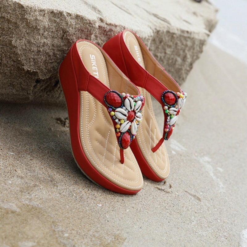 IELGY Large size sandals women leisure beach bohemian beaded 5cm wedge