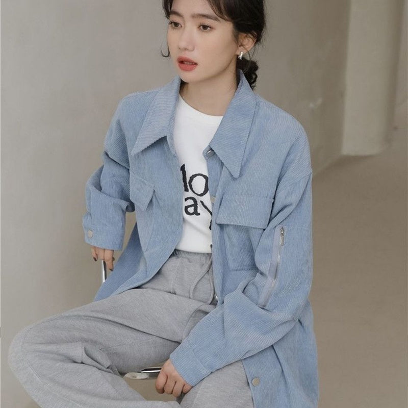 IELGY Corduroy Jacket Women's Trendy All-match Long Sleeve Fashion POLO Collar Top