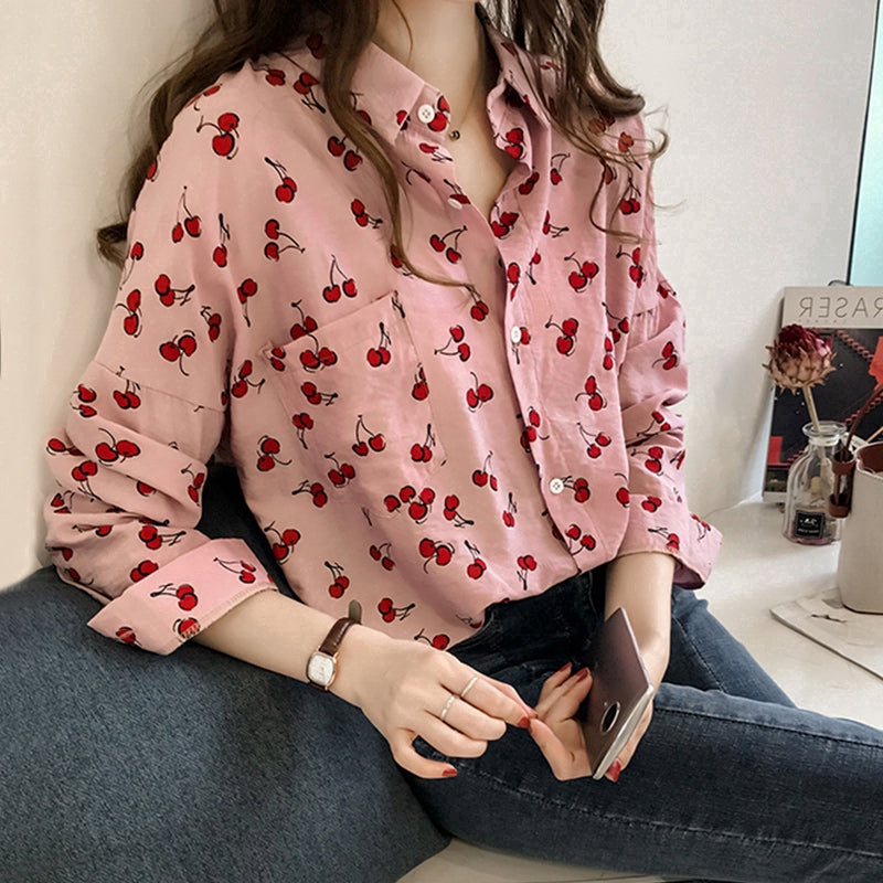 IELGY Long-sleeved shirt women's loose Korean sweet cherry print shirt bottoming shirt