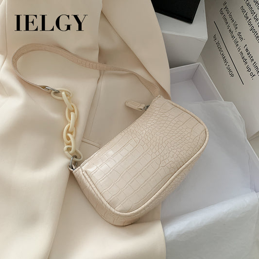 IELGY Armpit Bag French Stick Bag Ladies Vintage Single Shoulder Bag Solid Color Four Colors Available Soft Leather Horizontal Square Milk Tea Color Acrylic Chain