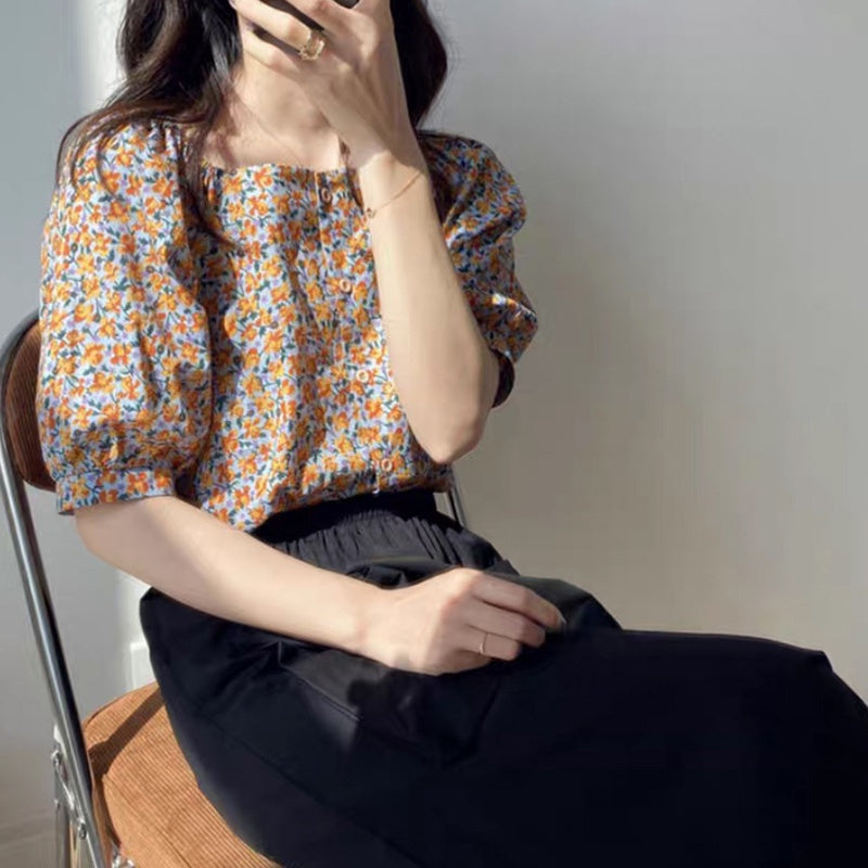 IELGY foreign style chiffon retro one-word collar floral summer design sense foreign style fashion short-sleeved shirt
