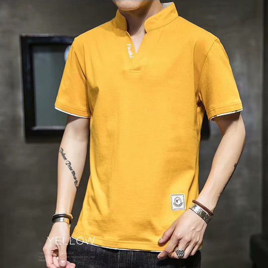 IELGY business yellow V-neck Korean version bilateral loose polo top Short-sleeved T-shirt letters leisure