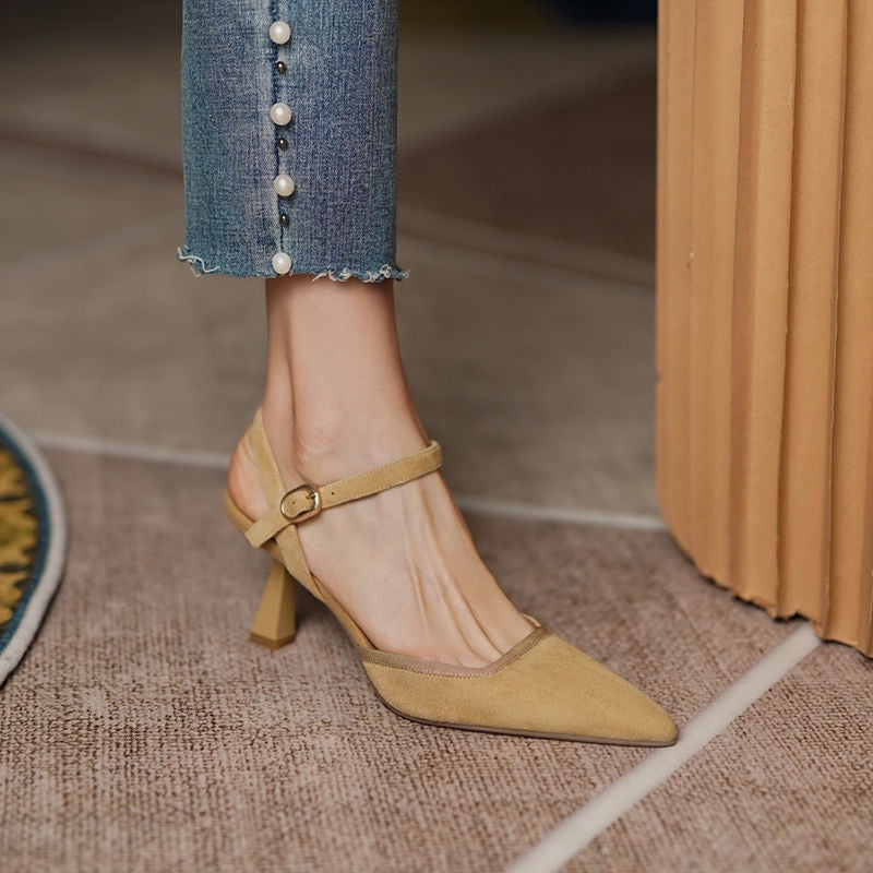 IELGY French mid-high heel toe cap sandals female buckle strap temperament stiletto pointed toe