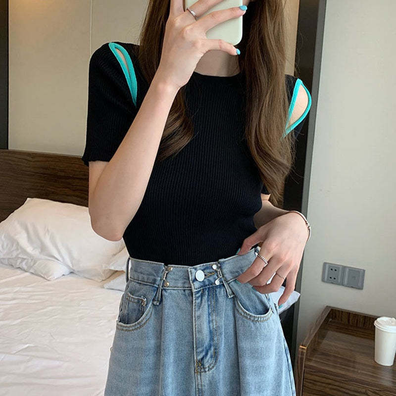 IELGY blue off-shoulder short-sleeved Korean style knitted bottoming fashion blouse women