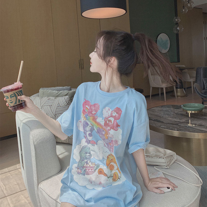IELGY Women's clothes Blue Top Print Loose Short sleeve Bear T-shirt Casual Medium length