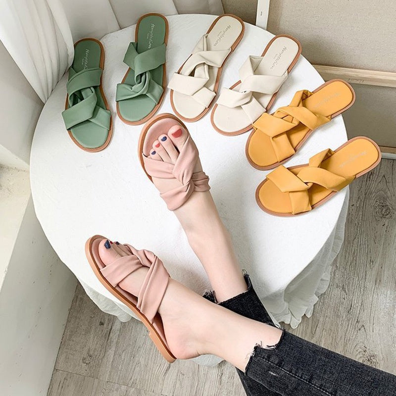 IELGY cross strap Korean woven surface all-match flat bottom women's slippers