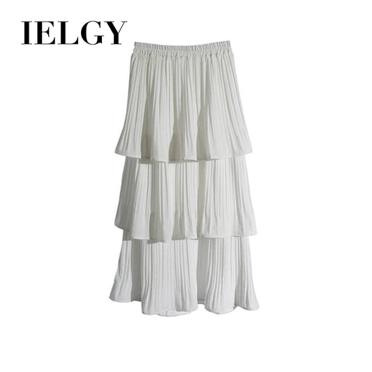 IELGY Korean version of chiffon white student thick pleated midi skirt cupcake dress