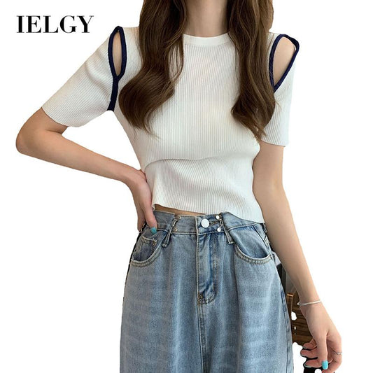 IELGY blue off-shoulder short-sleeved Korean style knitted bottoming fashion blouse women