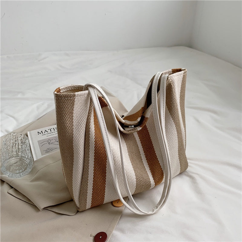 IELGY Canvas Stripe Bag Large Capacity Female Bag Trend Summer Simple