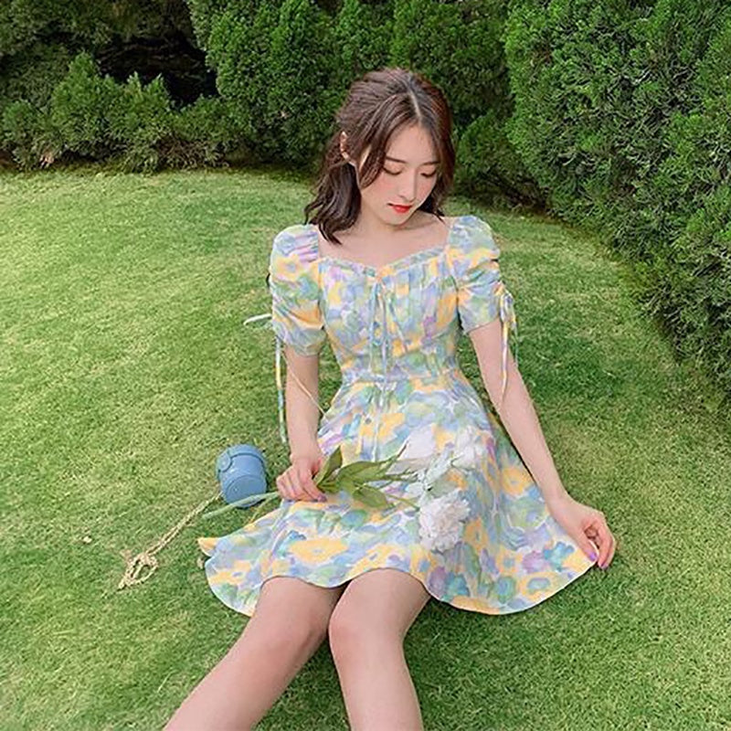 IELGY summer new style short-sleeved high-waisted a-line French square neck floral dress for women