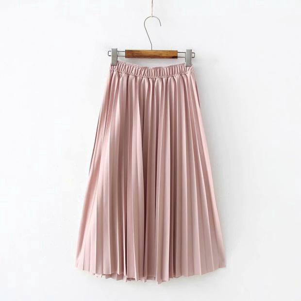 IELGY Temperament pleated skirt mid-length skirt elastic waist solid color wild skirt