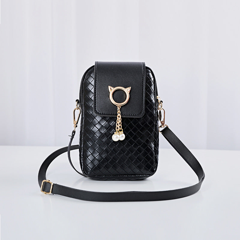 IELGY Cover type Tassel Mobile phone Woven Pearl Korean version Woman's bag Black One shoulder Diagonal