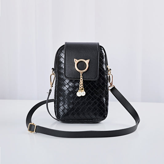 IELGY Cover type Tassel Mobile phone Woven Pearl Korean version Woman's bag Black One shoulder Diagonal