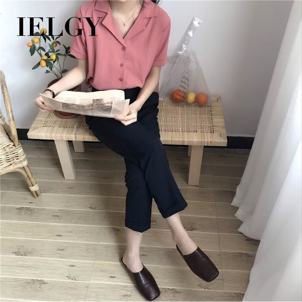 IELGY Women's Shirt Korean Temperament Chiffon Short Sleeve Loose Top