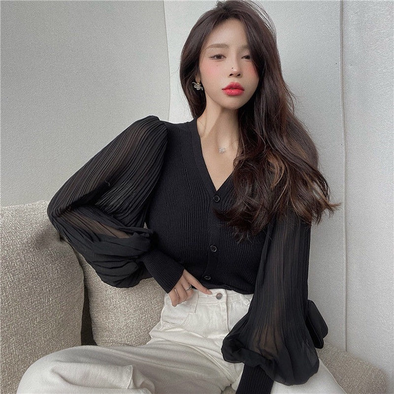 IELGY Fashion Chiffon Long Sleeve Knit Cardigan Korean Version Solid Color V-neck Slim