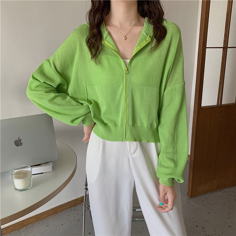IELGY Fashion Hooded Sunscreen Zipper Breathable Thin Top Women Knitted Cardigan Long Sleeve