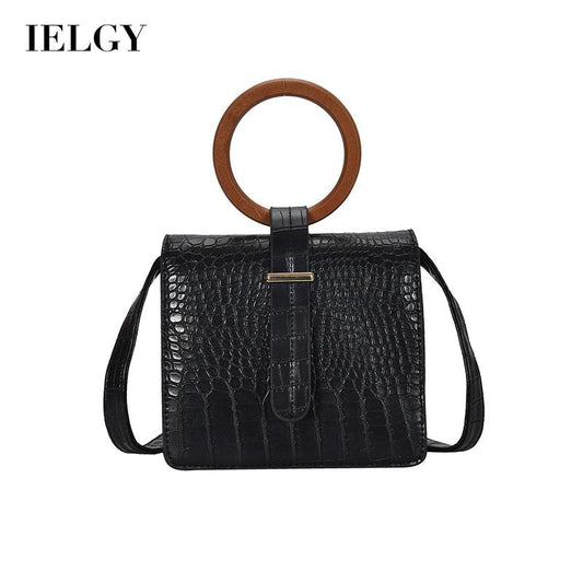 IELGY Women's bag one shoulder black crossbody square versatile casual crocodile pattern PU fashionable