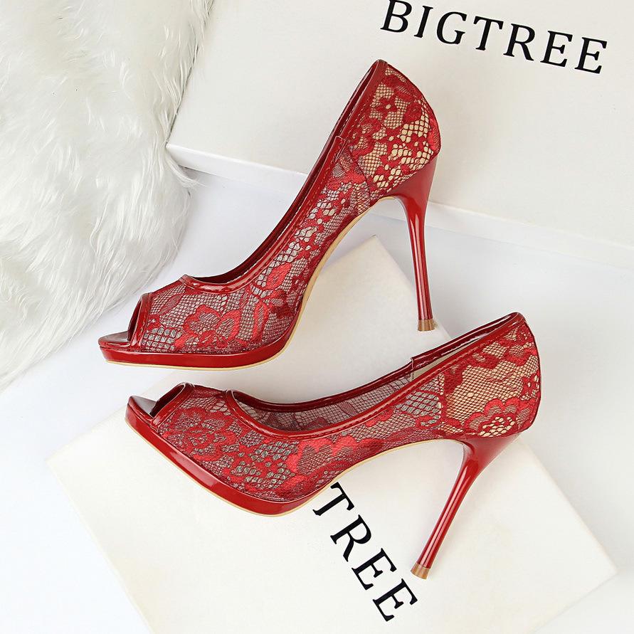 IELGY Fishbill High Heels Women's Shoes Sexy 9.5cm Stiletto Platform Mesh Hollow Lace