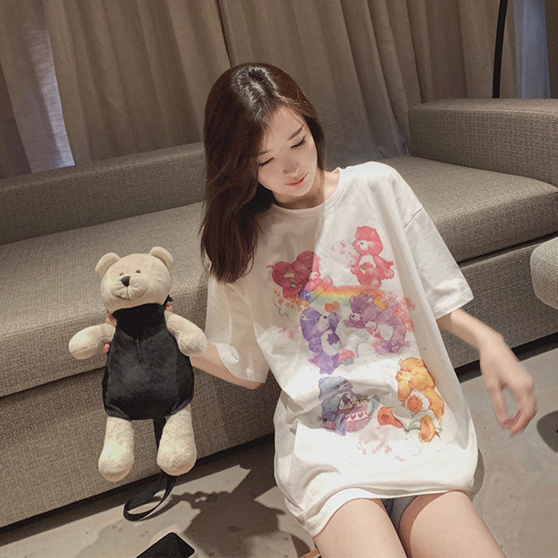 IELGY Women's clothes Blue Top Print Loose Short sleeve Bear T-shirt Casual Medium length
