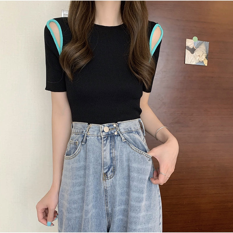 IELGY blue off-shoulder short-sleeved Korean style knitted bottoming fashion blouse women