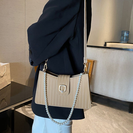 IELGY Women's bag casual square fashion crossbody one shoulder black PU versatile pearl